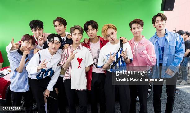 Hong Seok, Jin Ho, Hui, Yan An, Yeo One, Shin Won, E Dawn, Kino, Woo Seok and Yuto of Boy Band Pentagon pose at KCON Day 1 2018 NY presented by...