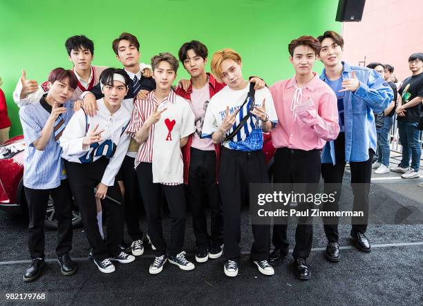 Hong Seok, Jin Ho, Hui, Yan An, Yeo One, Shin Won, E Dawn, Kino, Woo Seok and Yuto of Boy Band Pentagon pose at KCON Day 1 2018 NY presented by...