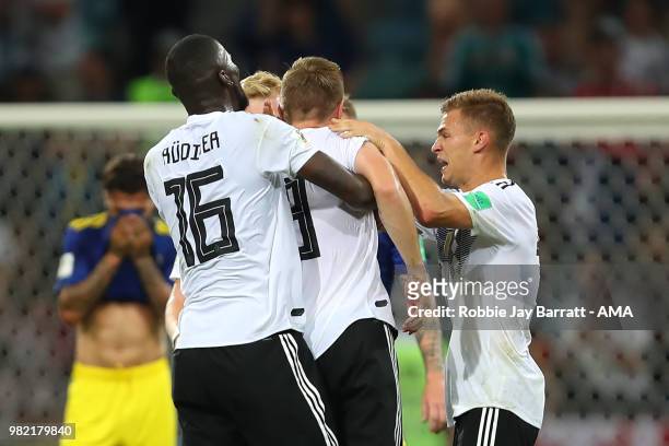 Antonio Rudiger of Germany celebrates with his team-mates at the end of the 2018 FIFA World Cup Russia group F match between Germany and Sweden at...