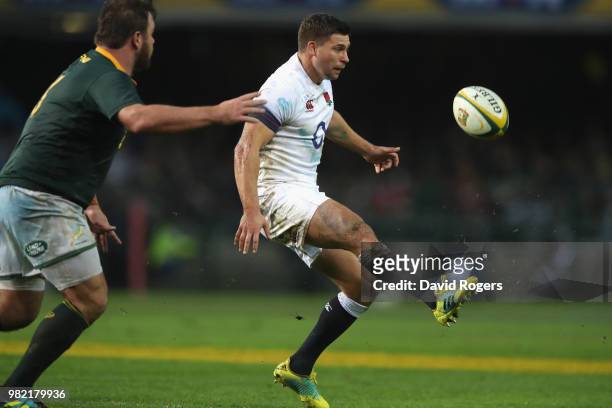 Ben Youngs of England kicks the ball upfield during the third test match between South Africa and England at Newlands Stadium on June 23, 2018 in...
