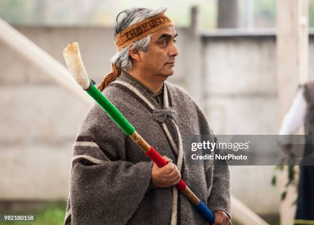 Hernán Melillanca, member of the Choyun Mapu community participates in the celebration of the Mapuche New Year in Osorno, Chile on 23 June 2018....