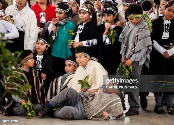 Children participate in the celebration of the MMapuche New Year in Osorno, Chile on 23 June 2018. Children from an intercultural school celebrate...