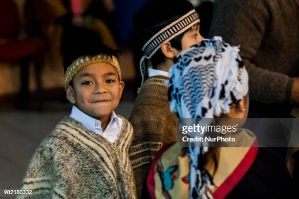 Children participate in the celebration of the Mapuche New Year in Osorno, Chile on 23 June 2018. Children from an intercultural school celebrate the...