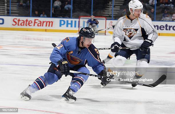 Todd White of the Atlanta Thrashers skates against the Nashville Predators at Philips Arena on March 9, 2010 in Atlanta, Georgia.