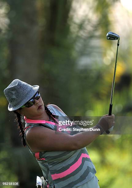 Christina Kim hits her tee shot on the 14th hole during the second round of the Kraft Nabisco Championship at Mission Hills Country Club on April 2,...