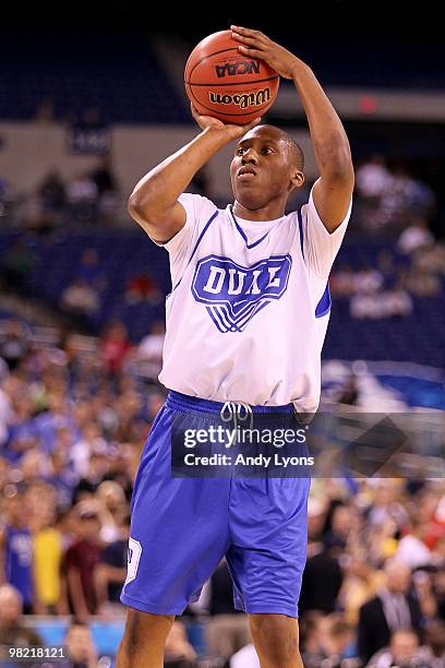 Nolan Smith of the Duke Blue Devils shoots the ball during practice prior to the 2010 Final Four of the NCAA Division I Men's Basketball Tournament...