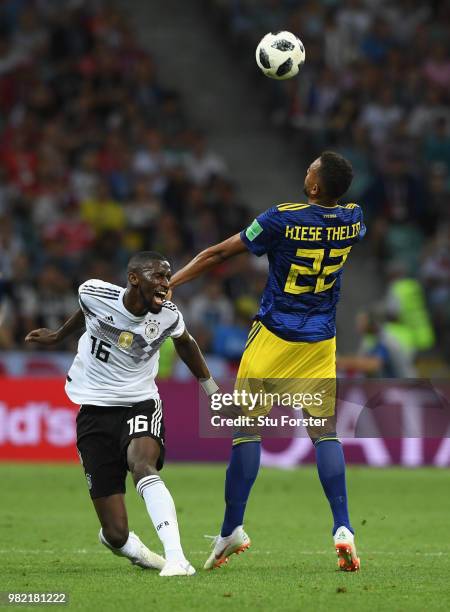 Germany player Antonio Ruediger is challenged by Isaac Kiese Thelin of Sweden during the 2018 FIFA World Cup Russia group F match between Germany and...