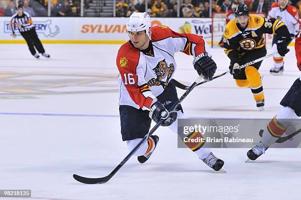 Nathan Horton of the Florida Panthers skates up the ice against the Boston Bruins at the TD Garden on April 1, 2010 in Boston, Massachusetts.