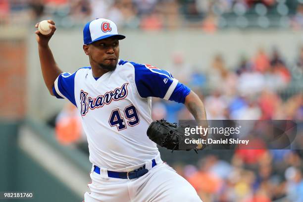 Julio Teheran of the Atlanta Braves pitches during the first inning against the Baltimore Orioles at SunTrust Park on June 23, 2018 in Atlanta,...