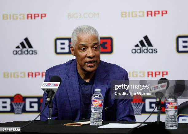 Head coach Julius Erving of Tri State speaks to the media after a game against Trilogy during week one of the BIG3 three on three basketball league...