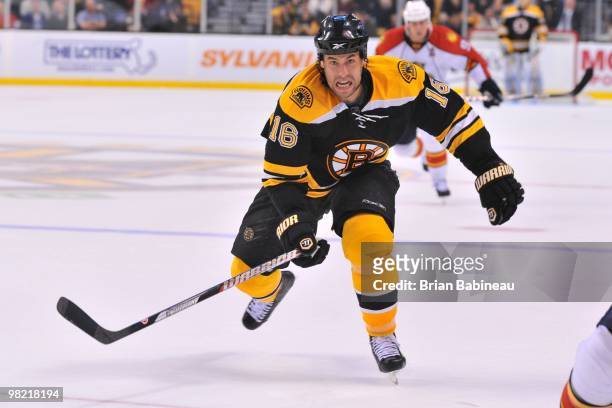 Marco Sturm of the Boston Bruins skates up the ice against the Florida Panthers at the TD Garden on April 1, 2010 in Boston, Massachusetts.