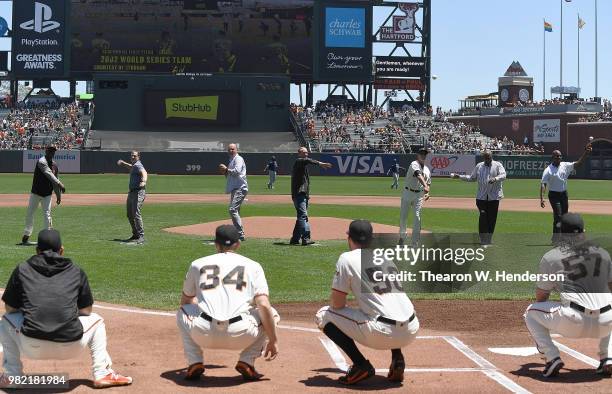 Members of the 2002 San Francisco Giants world series team Shawon Dunston, David Bell, Jason Schmidt, Kirk Rueter, Ron Wotus, Dusty Baker and Barry...