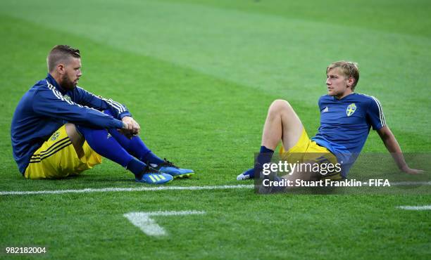 Pontus Jansson and Emil Forsberg of Sweden sit on the pitch dejected following the 2018 FIFA World Cup Russia group F match between Germany and...
