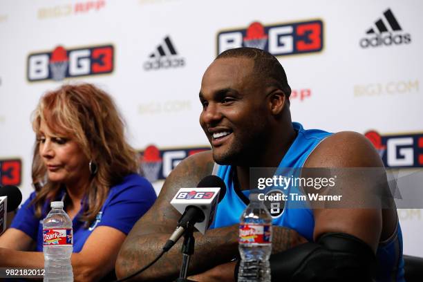 Glen Davis of Power speaks to the media during week one of the BIG3 three on three basketball league at Toyota Center on June 22, 2018 in Houston,...