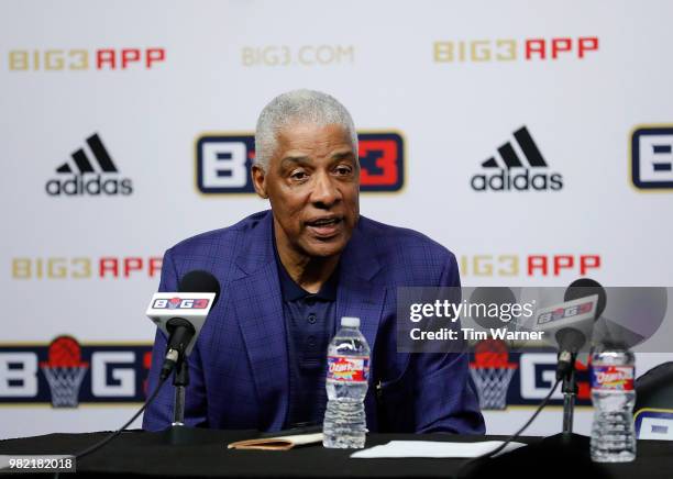 Head coach Julius Erving of Tri State speaks to media during week one of the BIG3 three on three basketball league at Toyota Center on June 22, 2018...