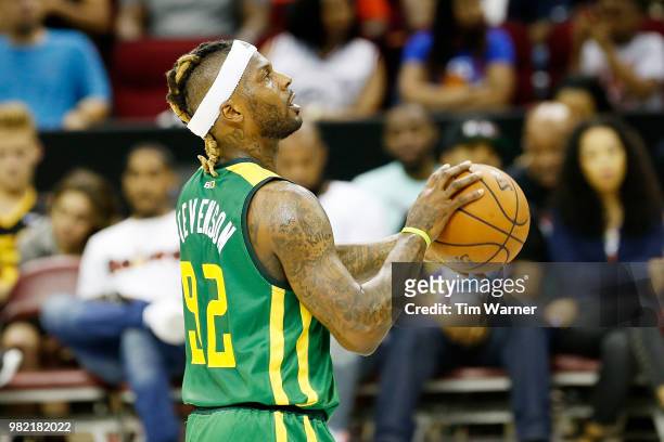 DeShawn Stevenson of Ball Hogs prepares to shoot a free throw against Power during week one of the BIG3 three on three basketball league at Toyota...