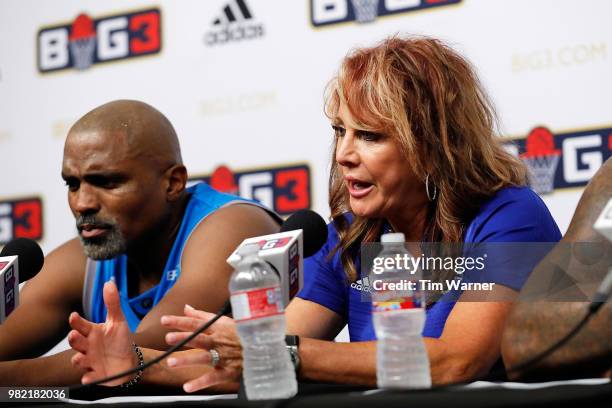 Head coach Nancy Lieberman of Power speaks to the media after a game against the Ball Hogs during week one of the BIG3 three on three basketball...