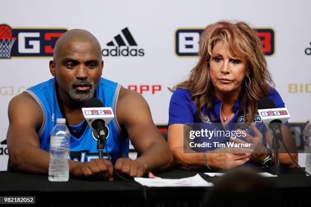 Cuttino Mobley and head coach Nancy Lieberman of Power speak to the media after a game against the Ball Hogs during week one of the BIG3 three on...