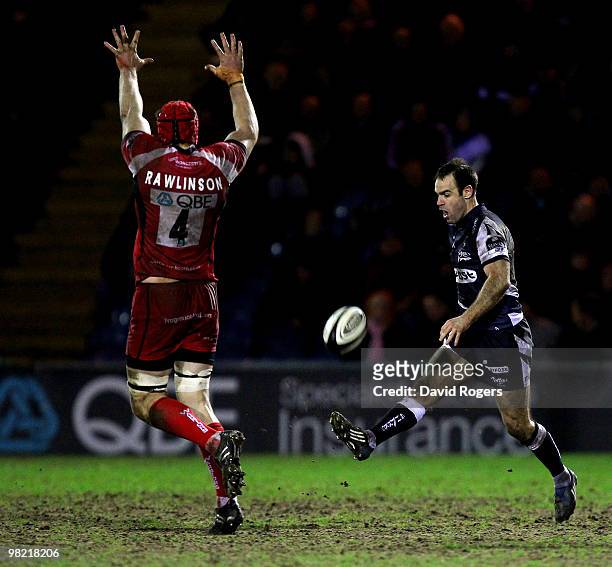 Charlie Hodgson of Sale kicks the ball upfield during the Guinness Premiership match between Sale Sharks and Worcester Warriors at Edgeley Park on...