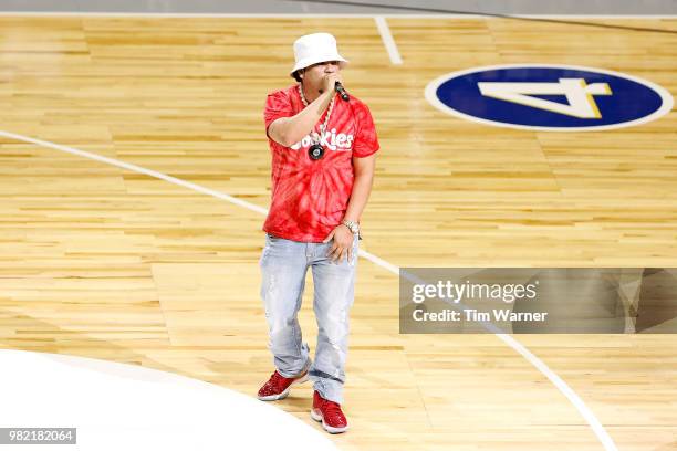Rapper Baby Bash performs during week one of the BIG3 three on three basketball league at Toyota Center on June 22, 2018 in Houston, Texas.