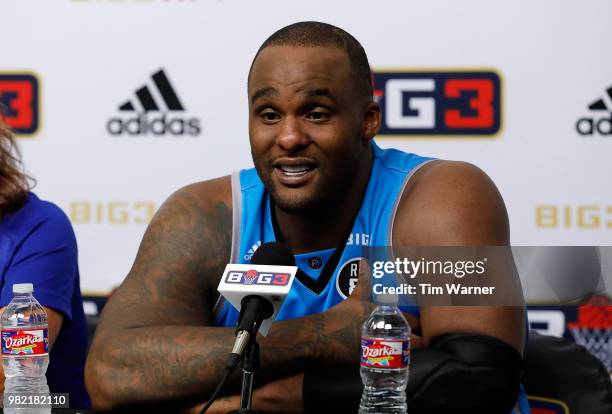 Glen Davis of Power speaks to the media during week one of the BIG3 three on three basketball league at Toyota Center on June 22, 2018 in Houston,...