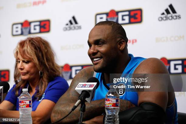 Glen Davis of Power speaks to the media during week one of the BIG3 three on three basketball league at Toyota Center on June 22, 2018 in Houston,...