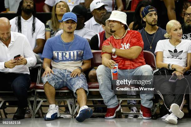 Rapper Baby Bash looks on during week one of the BIG3 three on three basketball league at Toyota Center on June 22, 2018 in Houston, Texas.