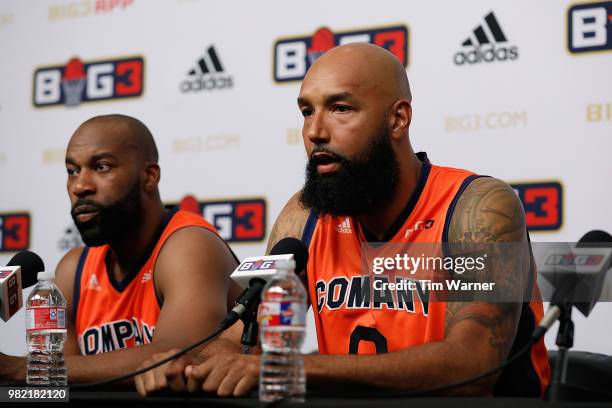 Baron Davis and Drew Gooden of 3's Company speak to the media after a game against the Killer 3s during week one of the BIG3 three on three...