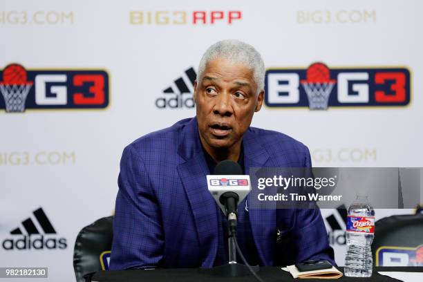 Head coach Julius Erving of Tri State speaks to the media after a game against Trilogy during week one of the BIG3 three on three basketball league...