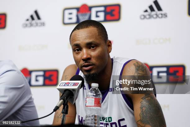 Rashard Lewis of 3 Headed Monsters speaks to the media after a game against the Ghost Ballers during week one of the BIG3 three on three basketball...