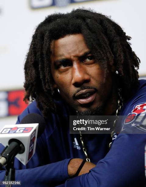 Amar'e Stoudemire of Tri State speaks to the media after a game against Trilogy during week one of the BIG3 three on three basketball league at...
