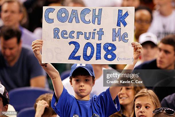 Duke Blue Devils fan holds up a sign during practice prior to the 2010 Final Four of the NCAA Division I Men's Basketball Tournament at Lucas Oil...