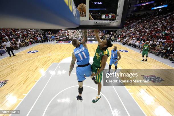 Chris Andersen of Power blocks the shot of Josh Childress of Ball Hogs during week one of the BIG3 three on three basketball league at Toyota Center...