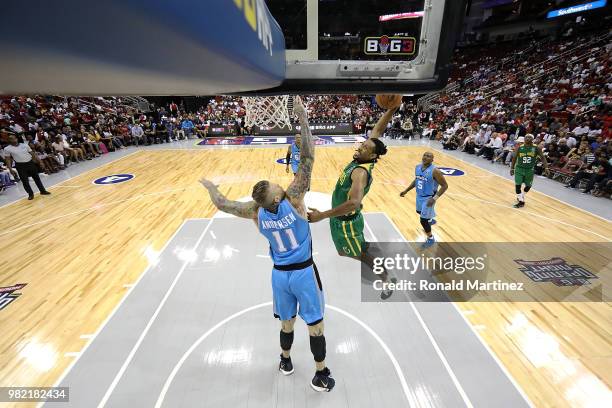 Chris Andersen of Power attempts to block the shot of Josh Childress of Ball Hogs during week one of the BIG3 three on three basketball league at...