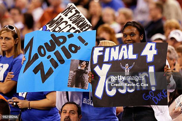 Duke Blue Devils fan holds up a sign during practice prior to the 2010 Final Four of the NCAA Division I Men's Basketball Tournament at Lucas Oil...