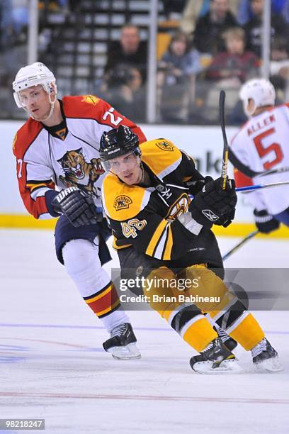 David Krejci of the Boston Bruins watches the play against the Florida Panthers at the TD Garden on April 1, 2010 in Boston, Massachusetts.