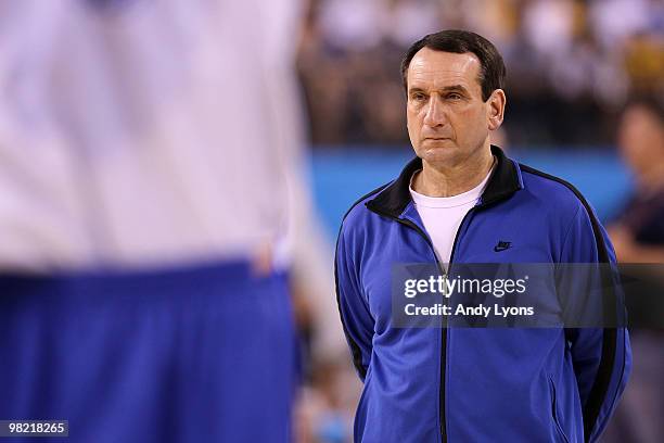 Head coach Mike Krzyzewski of the Duke Blue Devils looks on during practice prior to the 2010 Final Four of the NCAA Division I Men's Basketball...