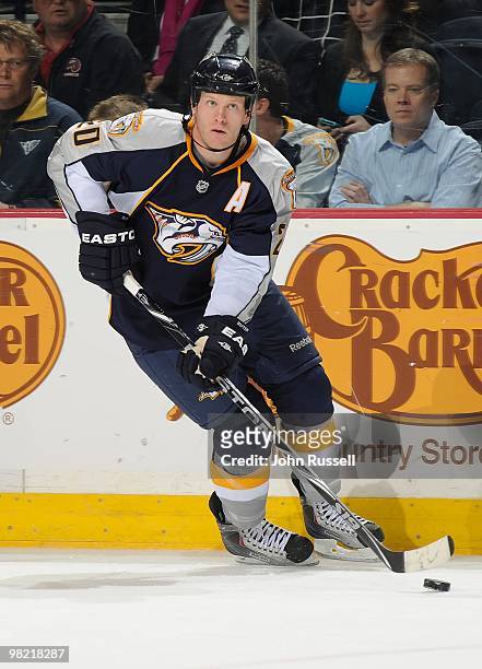 Ryan Suter of the Nashville Predators skates against the Los Angeles Kings on March 30, 2010 at the Bridgestone Arena in Nashville, Tennessee.