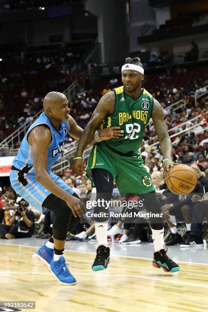 DeShawn Stevenson of Ball Hogs handles the ball as Cuttino Mobley of Power defends during week one of the BIG3 three on three basketball league at...