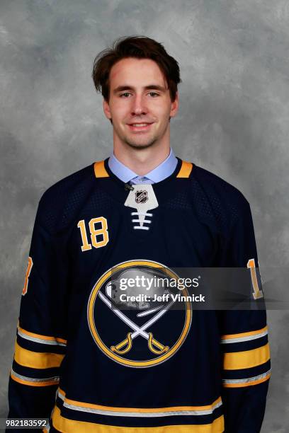 Mattias Samuelsson poses for a portrait after being selected 32nd overall by the Buffalo Sabres during the 2018 NHL Draft at American Airlines Center...