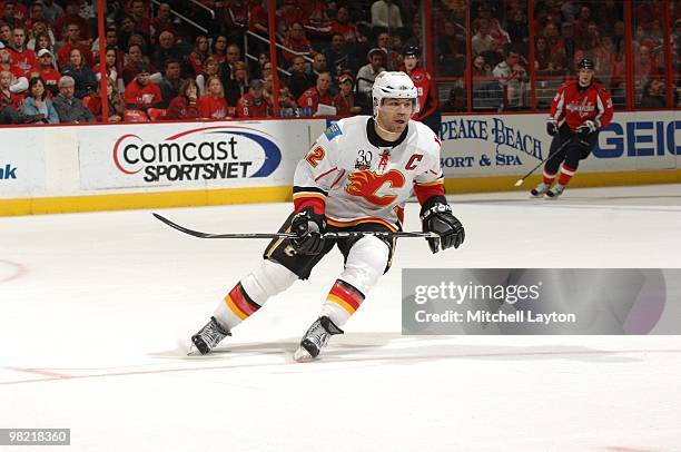 Jarome Iginla of the Calgary Flames looks on during a NHL hockey game against the Washington Capitals on March 28, 2010 at the Verizon Center in...