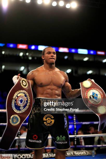 Anthony Yarde celebrates victory over Darius Sek during their WBO Intercontinental and European Light-Heavyweight Championship contest fight at The...