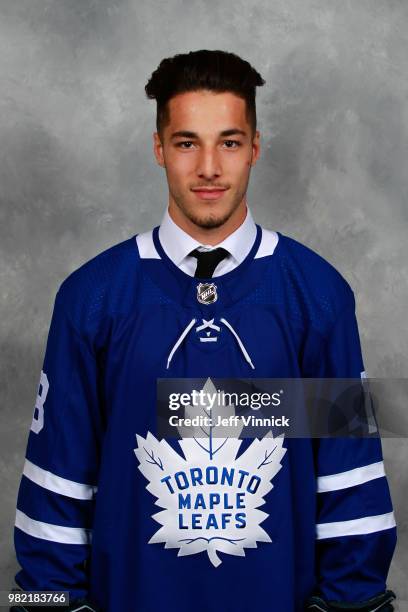 Sean Durzi poses for a portrait after being selected 52nd overall by the Toronto Maple Leafs during the 2018 NHL Draft at American Airlines Center on...