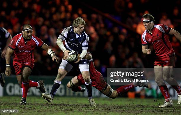 Mathew Tait of Sale passes the ball during the Guinness Premiership match between Sale Sharks and Worcester Warriors at Edgeley Park on April 2, 2010...