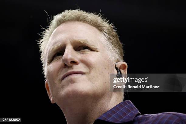 Actor, Michael Rapaport, looks on from courtside during week one of the BIG3 three on three basketball league at Toyota Center on June 22, 2018 in...