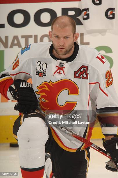 Robyn Regehr of the Calgary Flames looks on during warm ups of a NHL hockey game against the Washington Capitals on March 28, 2010 at the Verizon...