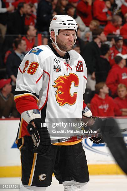 Robyn Regehr of the Calgary Flames during a NHL hockey game against the Washington Capitals on March 28, 2010 at the Verizon Center in Washington, DC.