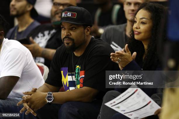 League Co-Founder and entertainer, Ice Cube, is seen with his wife, Kimberly Woodruff, during week one of the BIG3 three on three basketball league...