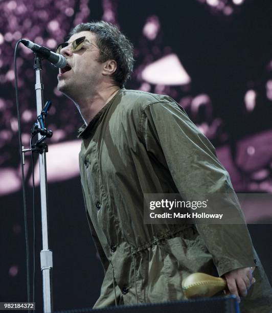 Liam Gallagher performing on the main stage at Seaclose Park on June 23, 2018 in Newport, Isle of Wight.