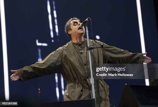 Liam Gallagher performing on the main stage at Seaclose Park on June 23, 2018 in Newport, Isle of Wight.